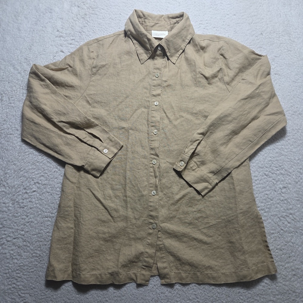 Lucy Pereda Button-Up Shirt Women's XL 100% linen Sand Color Coastal Summer Chic